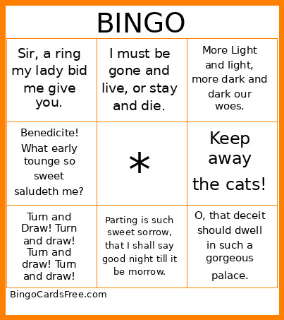 Romeo + Juliet Bingo Card