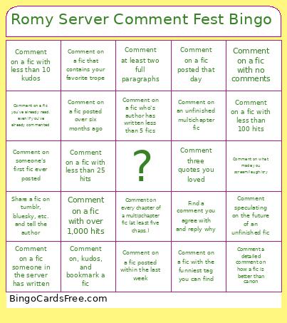 Romy Server Comment Fest Bingo Card