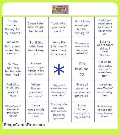Romy Swifty Bingo Card