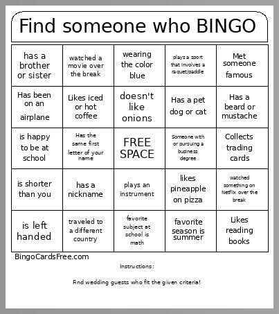 Room 6 Find Someone Bingo Card