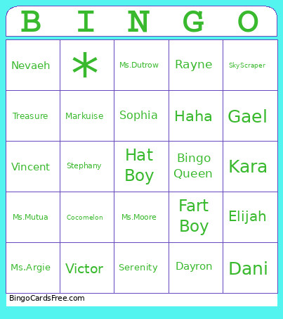 Room 8 Bingo Card