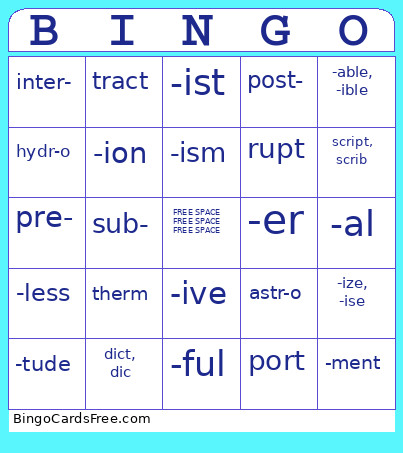 Root Word Bingo Card