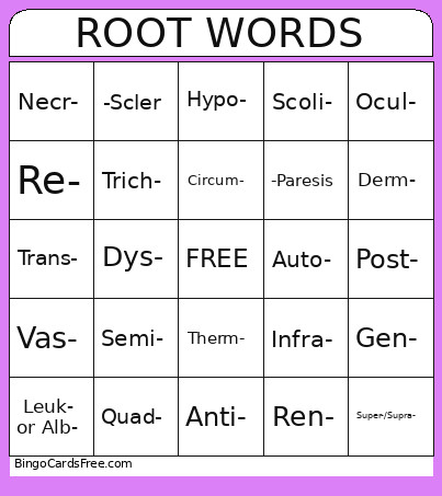 ROOT WORDS Bingo Card