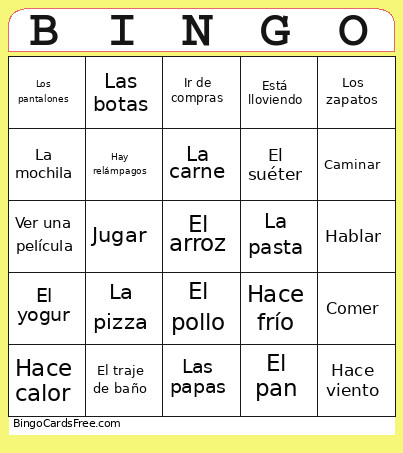 Ropa, Clima, Comida, Actividades Bingo Card