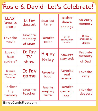 Rosie And David- Let's Celebrate! Bingo Card
