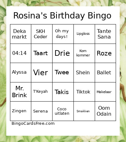 Rosina's Birthday Bingo Card