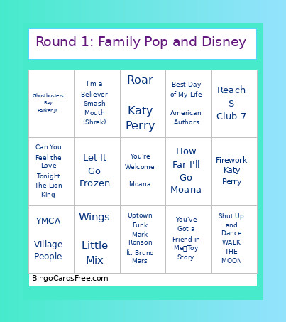 Round 1: Family Pop And Disney Bingo Card
