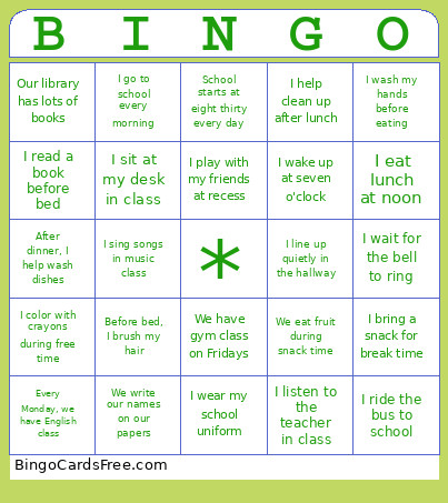 Routines And School Sentences Bingo Card