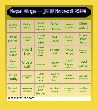 Royal — JKLU Farewell 2026 Bingo Card