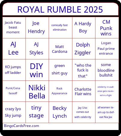 Royal Rumble 2025 Bingo Cards Free Pdf Printable Game, Title: ROYAL RUMBLE 2025