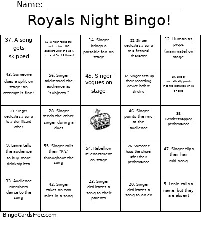 Royals Night ! Bingo Card