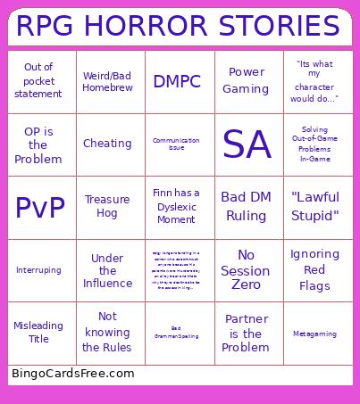 RPG HORROR STORY Bingo Card