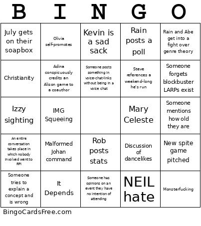 RPI LARP Server Bingo Card