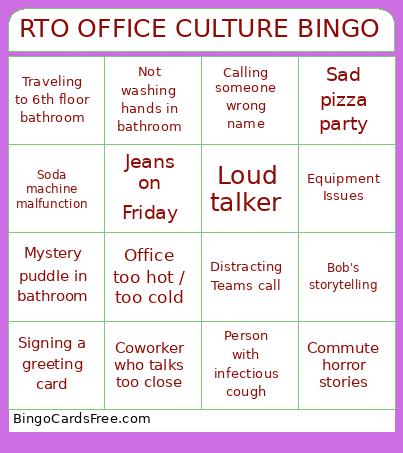 RTO OFFICE CULTURE BINGO Cards Free Pdf Printable Game, Title: RTO OFFICE CULTURE BINGO
