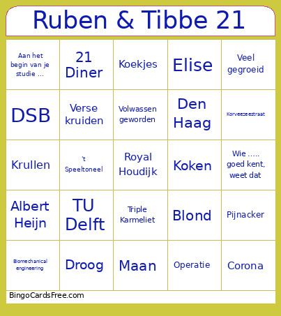 Ruben & Tibbe 21 Bingo Card