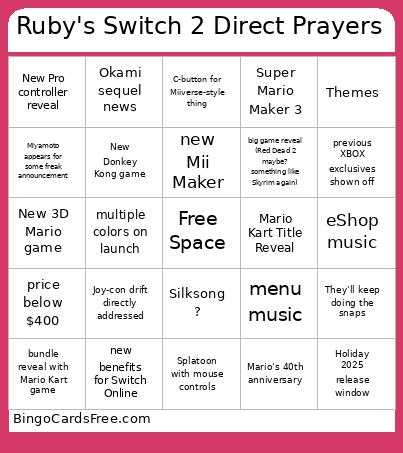 Ruby's Switch 2 Direct Prayers Bingo Card