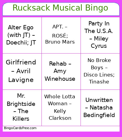 Rucksack Musical Bingo Card