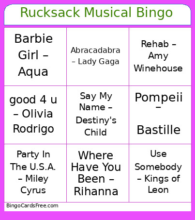 Rucksack Musical Bingo Card