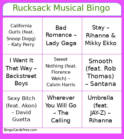 Rucksack Musical Bingo Card