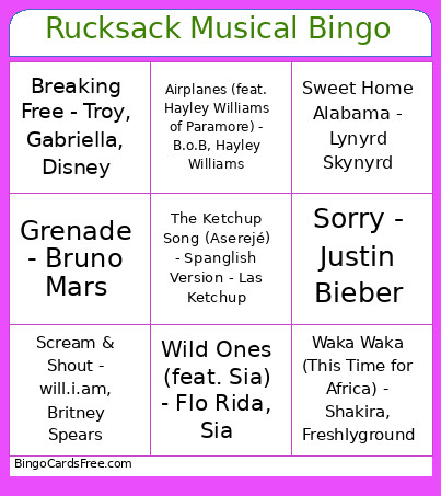 Rucksack Musical Bingo Card