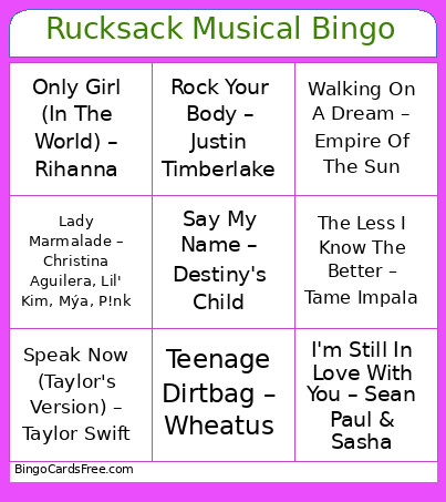 Rucksack Musical Bingo Card