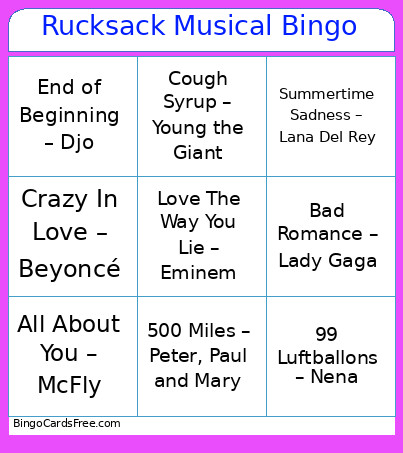 Rucksack Musical Bingo Card