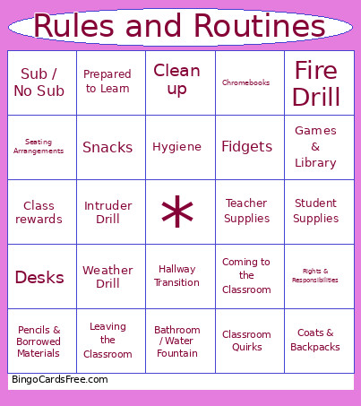 Rules And Routines Bingo Card