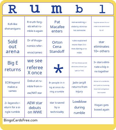 rumble Bingo Cards Free Pdf Printable Game, Title: Rumbl