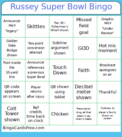Russey Super Bowl Bingo Card