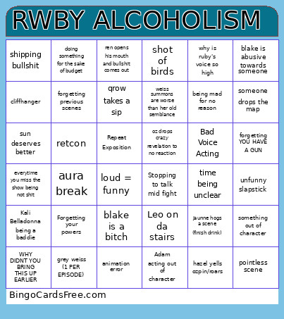 RWBY ALCOHOLISM Bingo Card