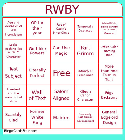 RWBY OC Bingo Card