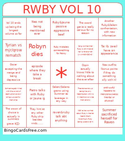 Rwby Volume 10 Bingo Card