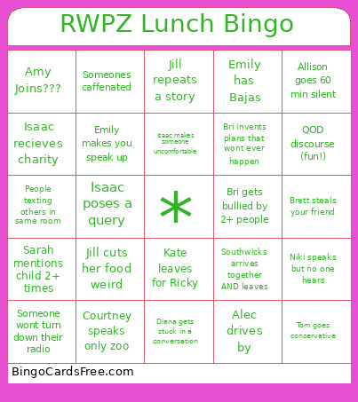 RWPZ Lunch Bingo Card
