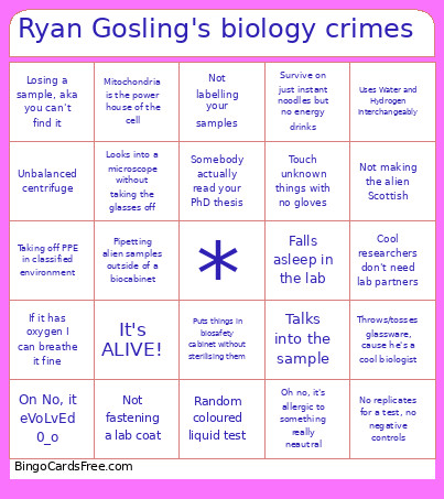Ryan Gosling's Biology Crimes Bingo Card