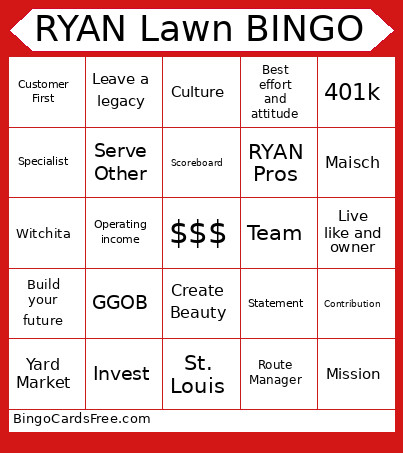 RYAN Lawn Bingo Card