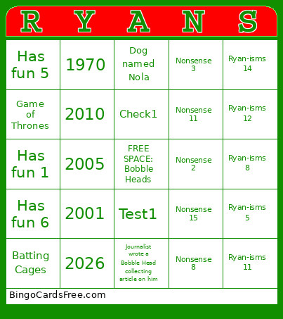RYANS Bingo Card