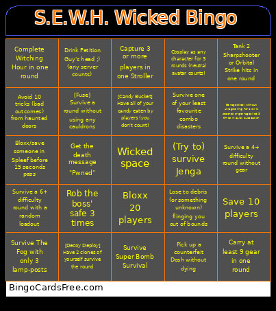 S.E.W.H. Wicked Bingo Card