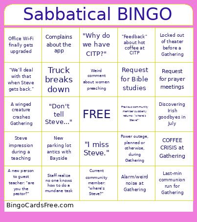 Sabbatical Bingo Card