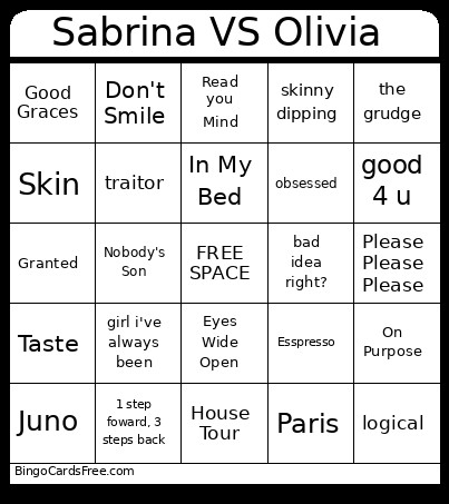 Sabrina Vs Olivia Bingo Card