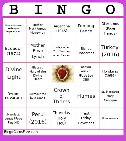 Sacred Heart Bingo Card