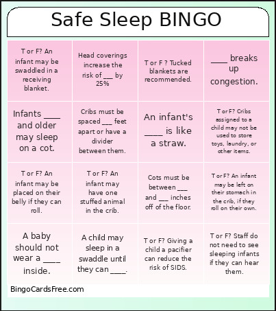 Safe Sleep Bingo Card