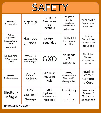 Safety Bingo Card