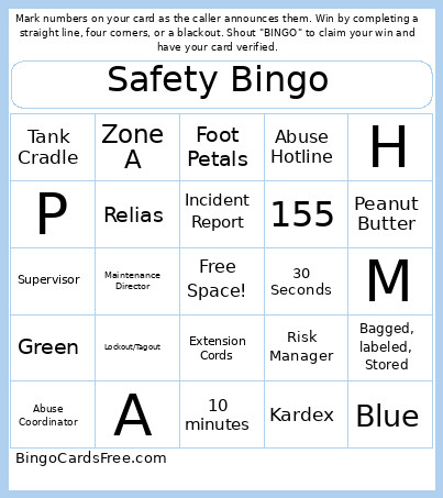 Safety Bingo Card