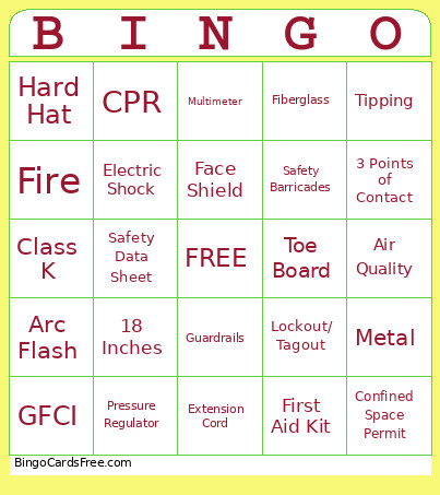 Safety Bingo Card