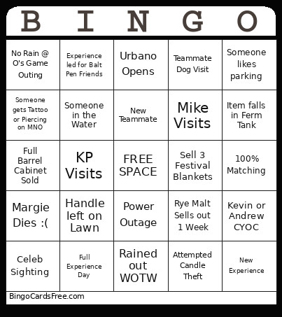 Sagamore Bingo Card