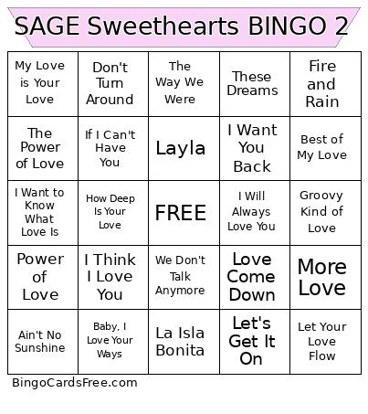 SAGE Sweethearts Game 2 Bingo Card