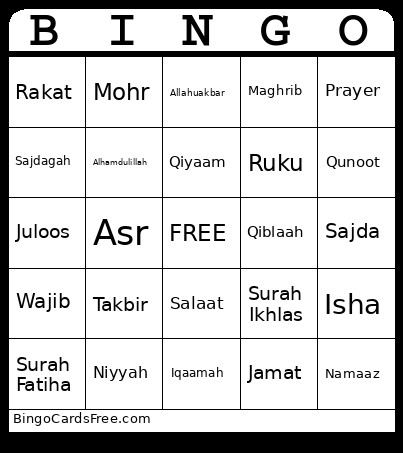 Salaah Bingo Card