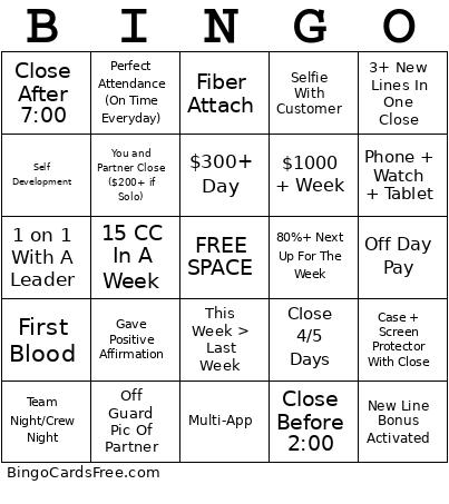 Sales Rep Bingo Card 2