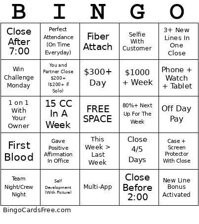 Sales Rep Bingo Card