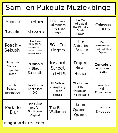 Sam- En Pukquiz Muziek Bingo Card